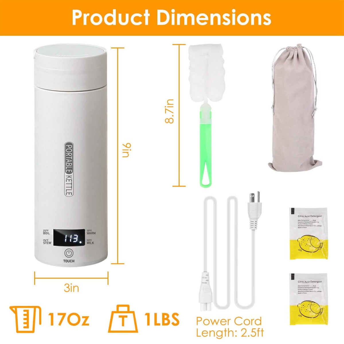 17Oz Stainless Steel Travel Electric Kettle with 4 Temperature Preset Modes - A-1 Thread Vault