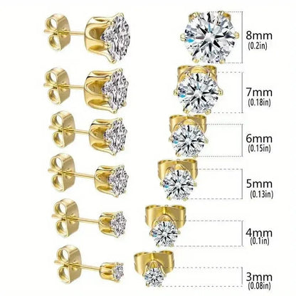 18K Gold Ear Bone Buckle Stainless Steel 6-Prong Zirconia Stud Earrings - A-1 Thread Vault