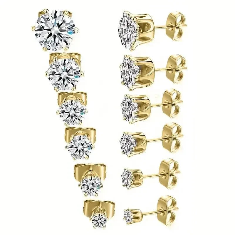 18K Gold Ear Bone Buckle Stainless Steel 6-Prong Zirconia Stud Earrings - A-1 Thread Vault
