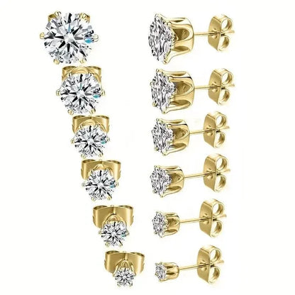 18K Gold Ear Bone Buckle Stainless Steel 6-Prong Zirconia Stud Earrings - A-1 Thread Vault