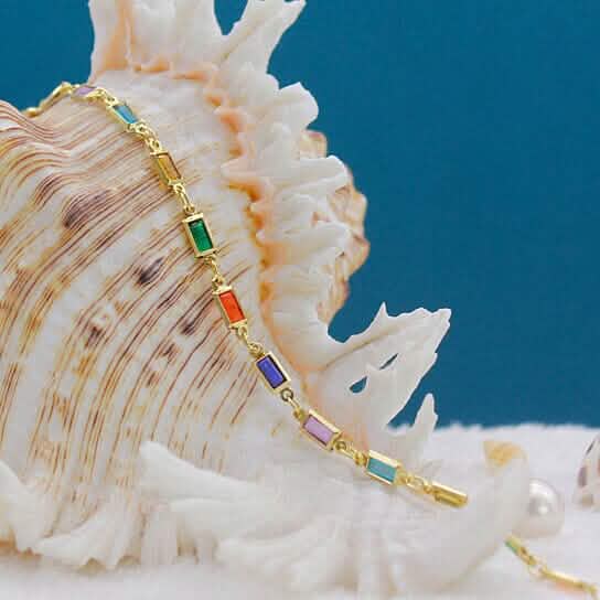 18k Gold Filled High Polish Finish Gold And Multi Color Dark Crystal Baguette Anklet - A-1 Thread Vault
