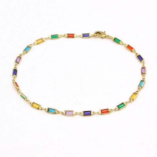 18k Gold Filled High Polish Finish Gold And Multi Color Dark Crystal Baguette Anklet - A-1 Thread Vault