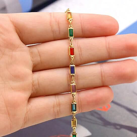 18k Gold Filled High Polish Finish Gold And Multi Color Dark Crystal Baguette Anklet - A-1 Thread Vault