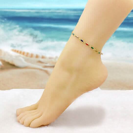 18k Gold Filled High Polish Finish Gold And Multi Color Dark Crystal Baguette Anklet - A-1 Thread Vault