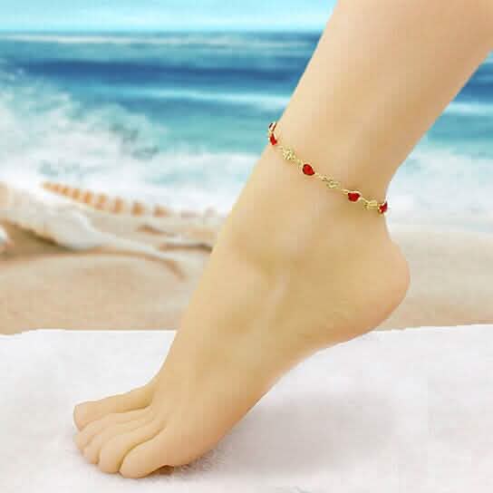 18k Gold Filled High Polish Finish Red Crystal Flower Ankle Bracelet - A-1 Thread Vault