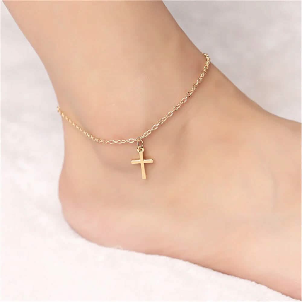 18K Gold Hanging Cross Anklet - A-1 Thread Vault