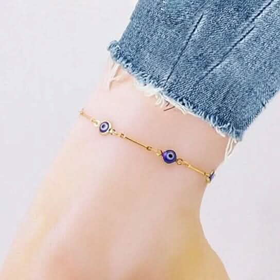 18k Gold Plated Bar Style Blue Evil Eye Crystal Anklet - A-1 Thread Vault