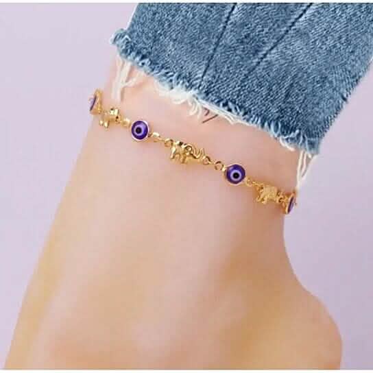 18k Gold Plated Elephant Blue Evil Eye Anklet - A-1 Thread Vault