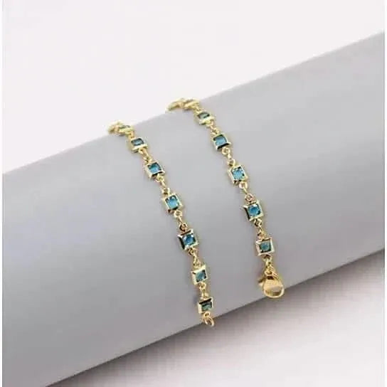 18k Gold Plated Light Blue Crystal Square Ankle Bracelet - A-1 Thread Vault