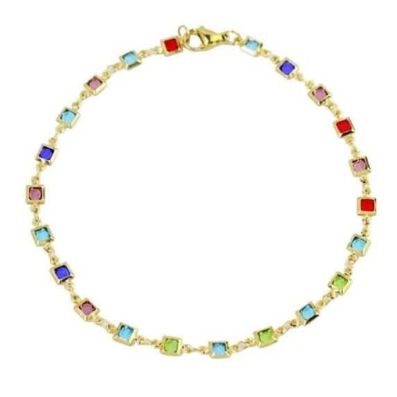 18K Gold Plated Light Multi Color Crystal Square Ankle Bracelet - A-1 Thread Vault