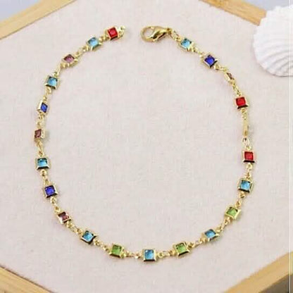 18K Gold Plated Light Multi Color Crystal Square Ankle Bracelet - A-1 Thread Vault