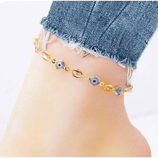 18k Gold Plated Mariner Light Blue Evil Eye Crystal Anklet - A-1 Thread Vault