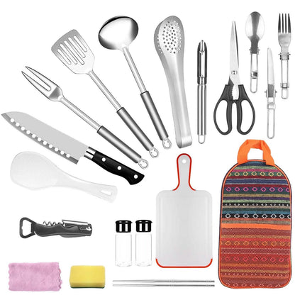 19-Piece: Camping Cooking Utensil Kit Portable Picnic Cookware - A-1 Thread Vault