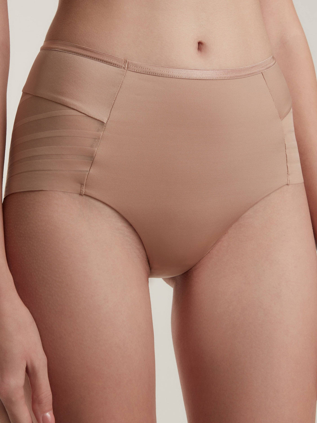 Nude-colored high-waisted panties with sheer horizontal striped paneling on the sides against a plain background.