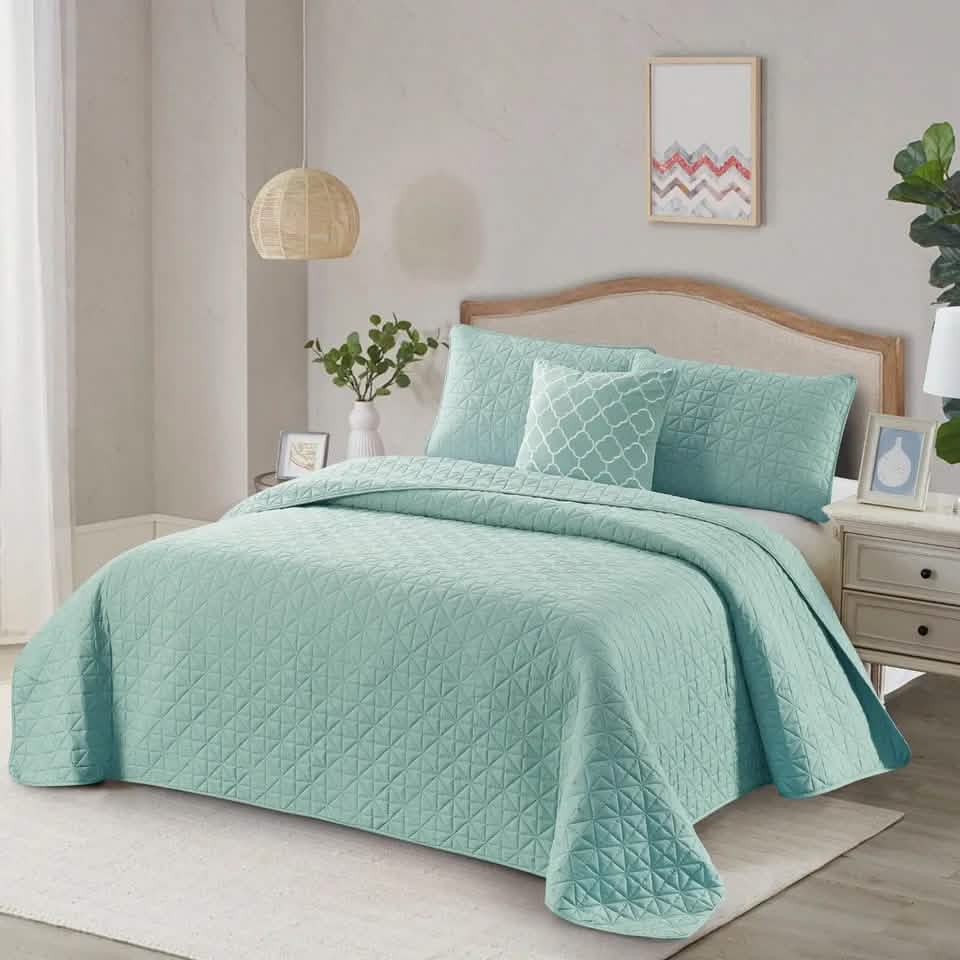 4-Piece: Bibb Home Solid Reversible Quilt Set with Embroidered Cushion - A-1 Thread Vault