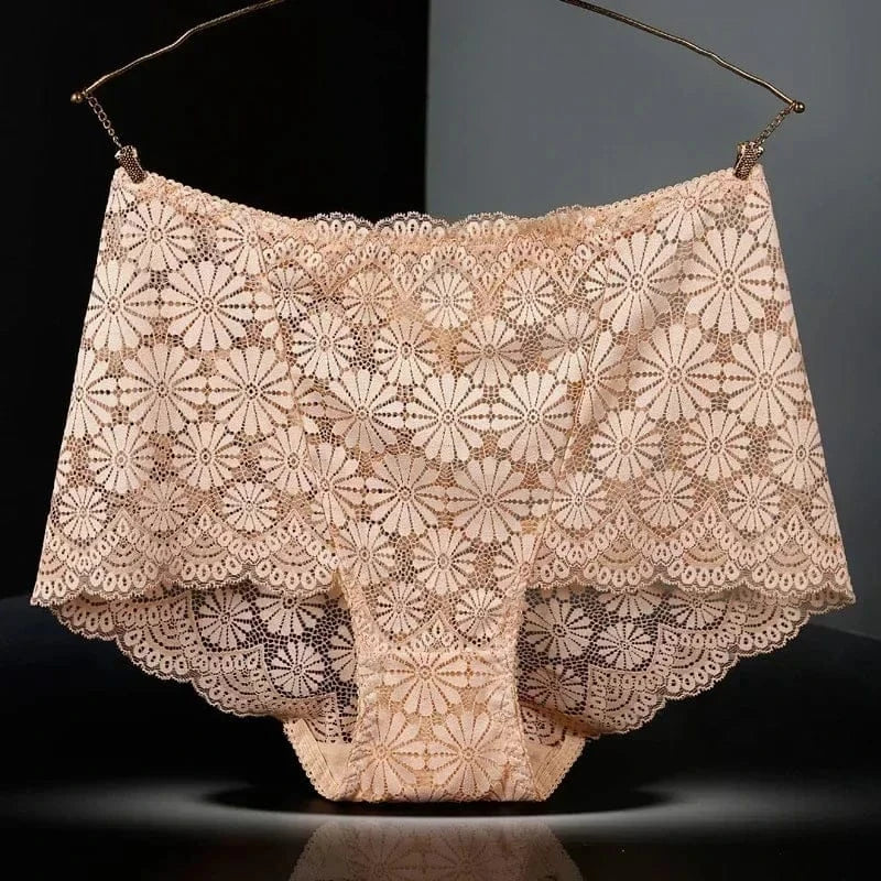 1Pc Fashion Women High Waist Plus Size Panties Lace Mesh Floral Transparent Briefs Underwear Solid Seamless Underpants Lingerie - A-1 Thread Vault
