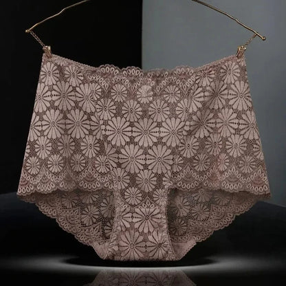 1Pc Fashion Women High Waist Plus Size Panties Lace Mesh Floral Transparent Briefs Underwear Solid Seamless Underpants Lingerie - A-1 Thread Vault