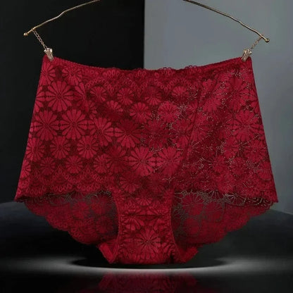 1Pc Fashion Women High Waist Plus Size Panties Lace Mesh Floral Transparent Briefs Underwear Solid Seamless Underpants Lingerie - A-1 Thread Vault