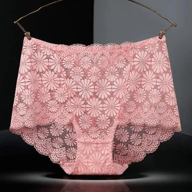 1Pc Fashion Women High Waist Plus Size Panties Lace Mesh Floral Transparent Briefs Underwear Solid Seamless Underpants Lingerie - A-1 Thread Vault