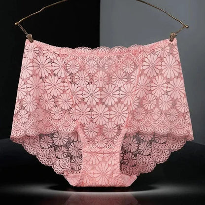 1Pc Fashion Women High Waist Plus Size Panties Lace Mesh Floral Transparent Briefs Underwear Solid Seamless Underpants Lingerie - A-1 Thread Vault