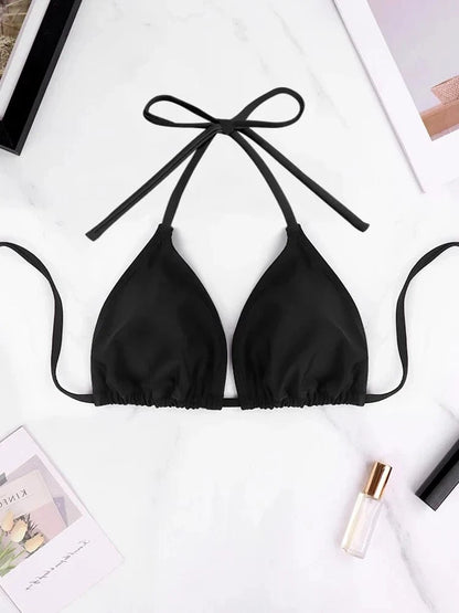 1Pc Women's Sexy Bikini Top Bra Swimsuit Summer Beach Style Solid Color Hanging Neck Bareback Strap Bikini Swimsuit Bra Swimsuit - A-1 Thread Vault