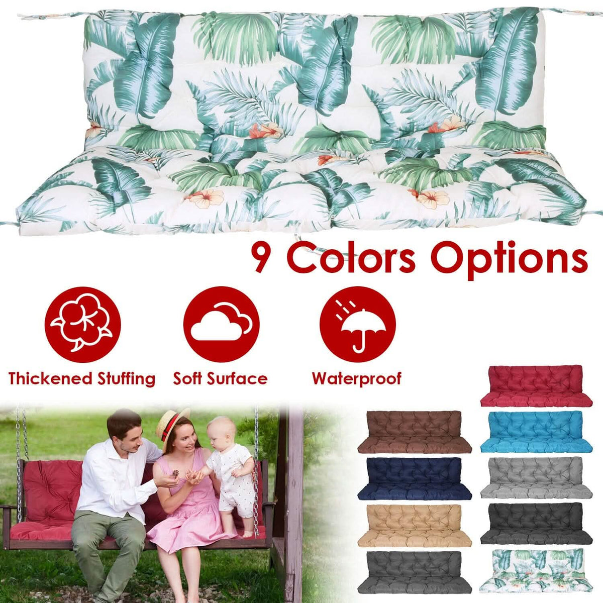 2-3 Seater Swing Cushion Replacement Swing Beach Pads with Backrest 8-Tie Straps - A-1 Thread Vault