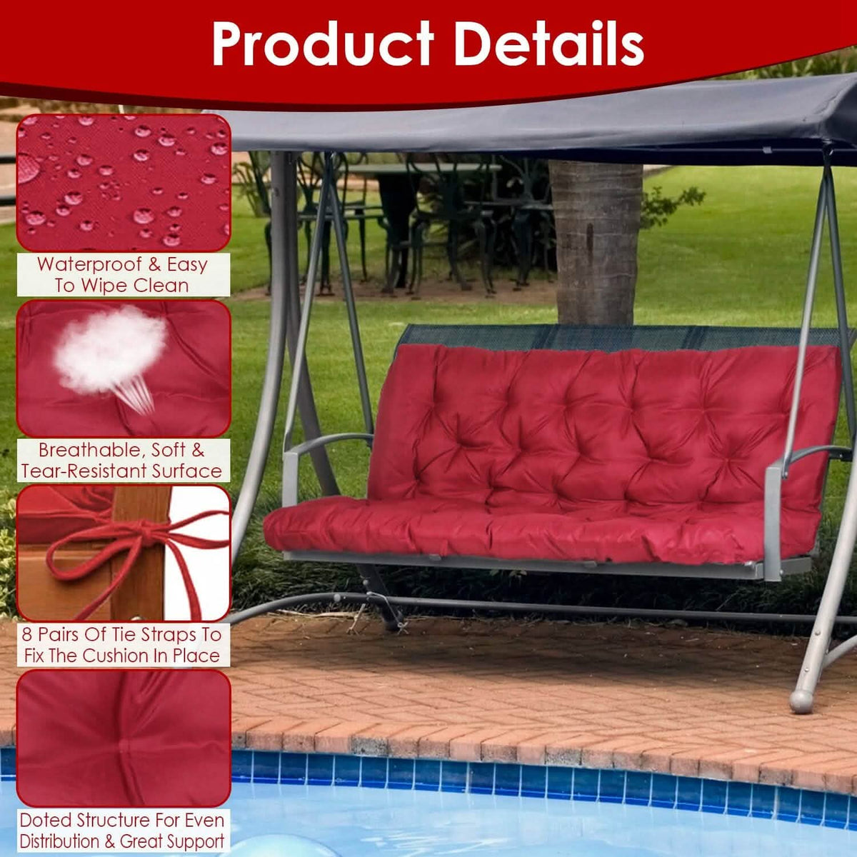 2-3 Seater Swing Cushion Replacement Swing Beach Pads with Backrest 8-Tie Straps - A-1 Thread Vault