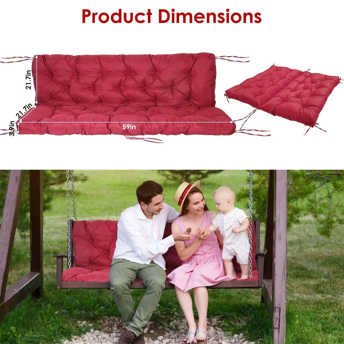 2-3 Seater Swing Cushion Replacement Swing Beach Pads with Backrest 8-Tie Straps - A-1 Thread Vault