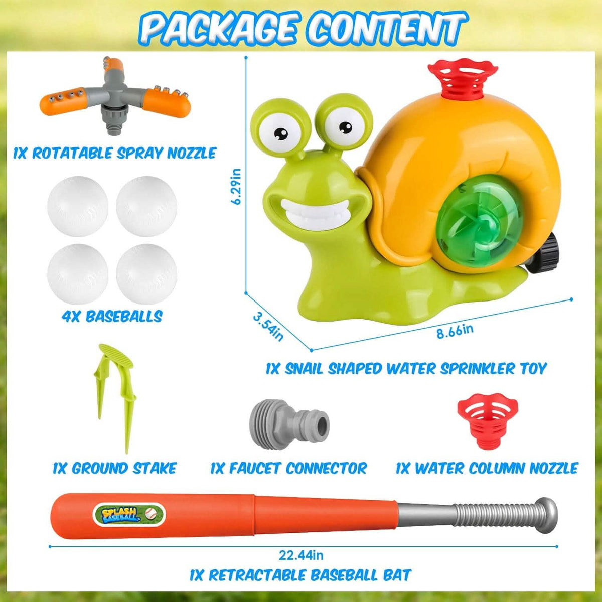 2-in-1 Snail Water Sprinkler Baseball Toy with 2 Sprinkler Nozzles - A-1 Thread Vault