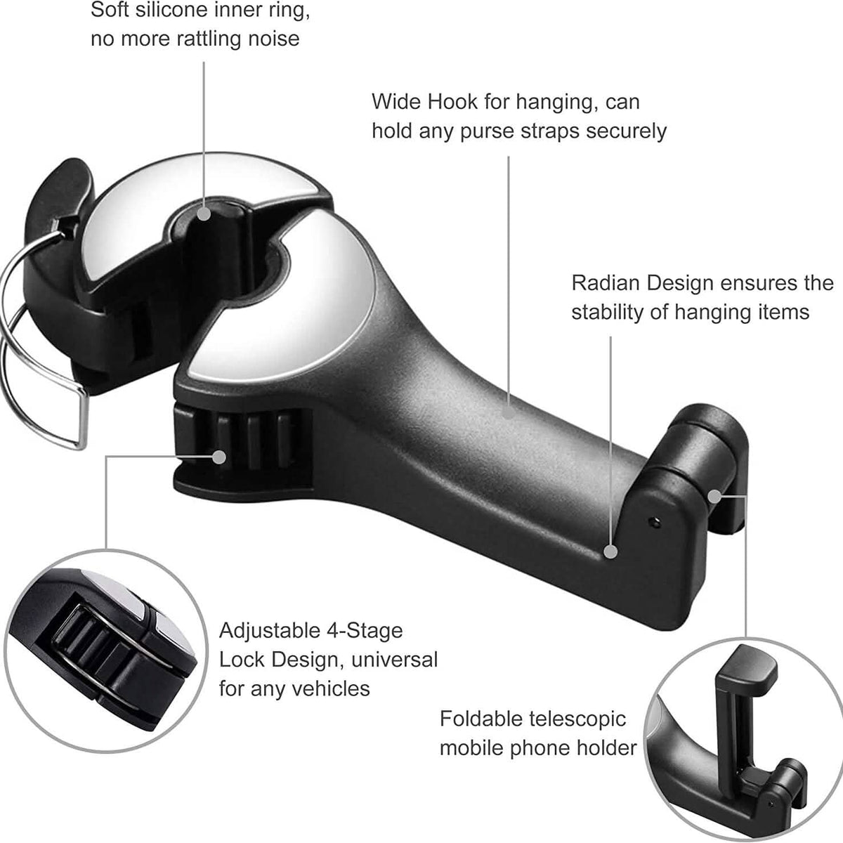 2-Pack: 2-in-1 Car Seat Hooks for Purses and Bags with Phone Holder - A-1 Thread Vault