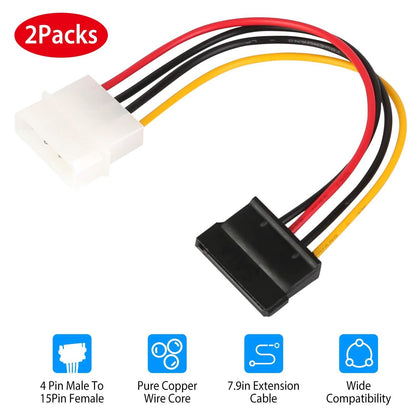 2-Pack: 4 Pin Male To 15Pin Female Data Cable Adapter - A-1 Thread Vault
