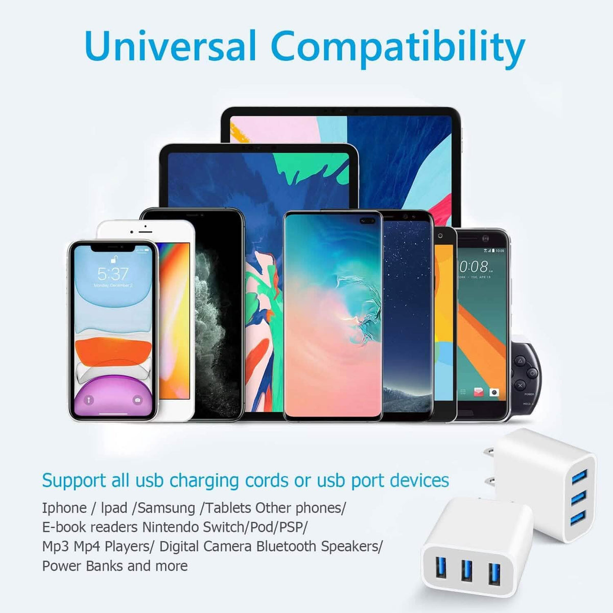 2-Pack: Compact 3-Port USB Wall Charger Adapters with Quick Charge - A-1 Thread Vault