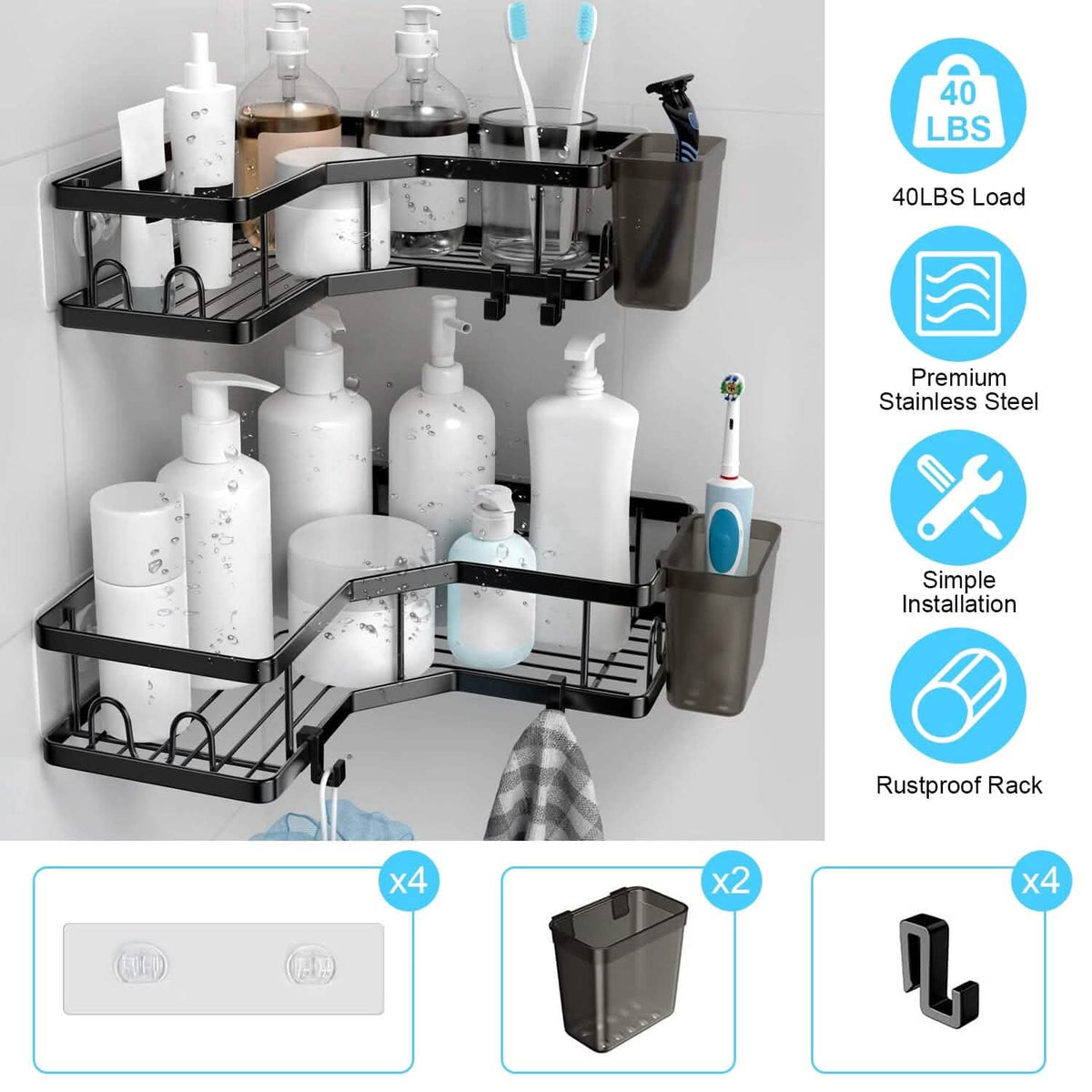 2-Pack: Corner Shower Caddy No Drilling Adhesive Shower Organizer - A-1 Thread Vault