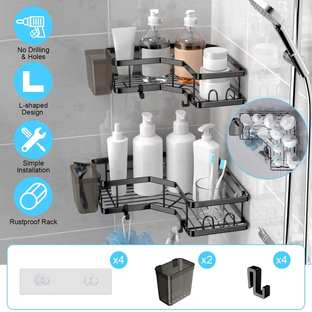 2-Pack: Corner Shower Caddy No Drilling Adhesive Shower Organizer - A-1 Thread Vault