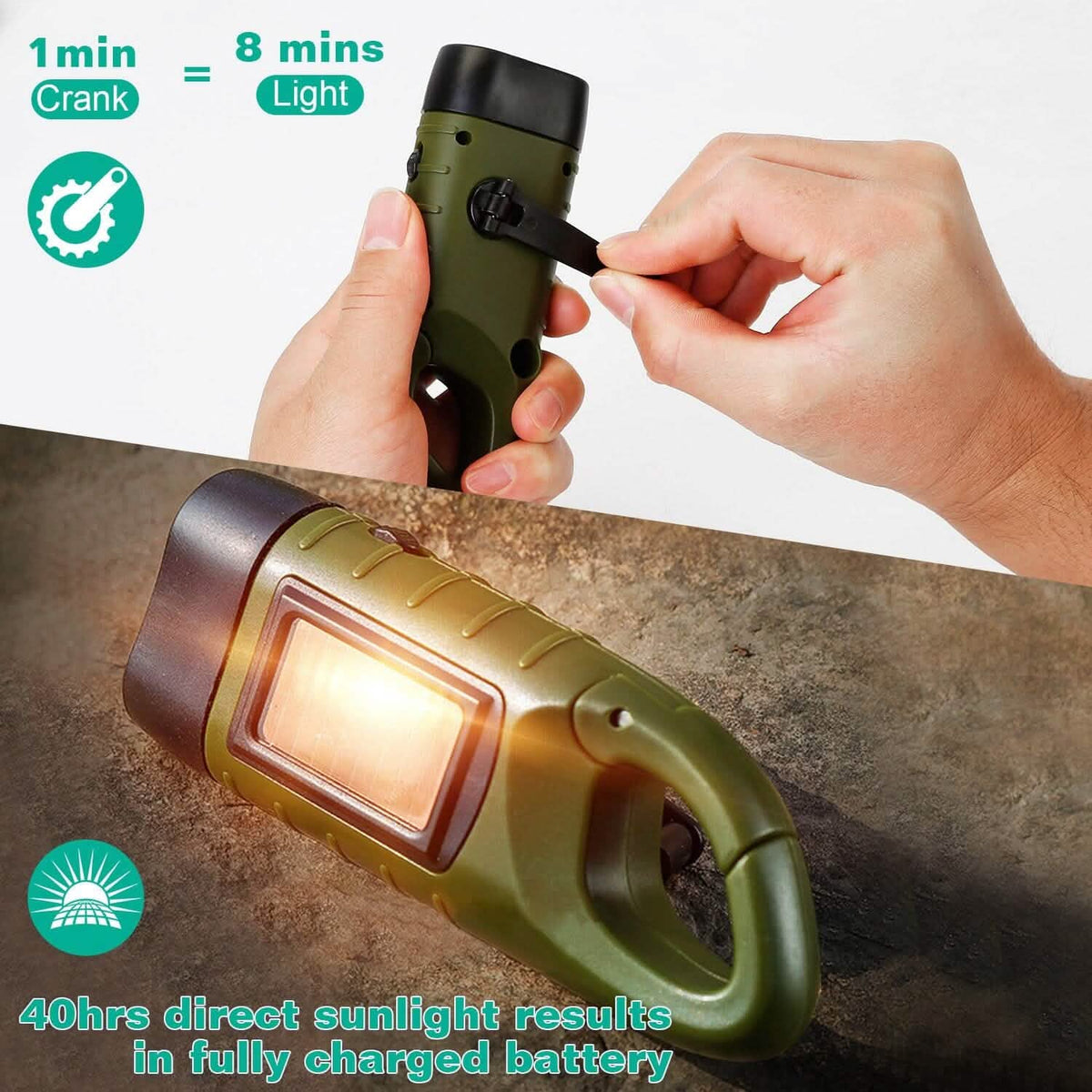 2-Pack: Hand Crank Solar Powered Flashlight - A-1 Thread Vault