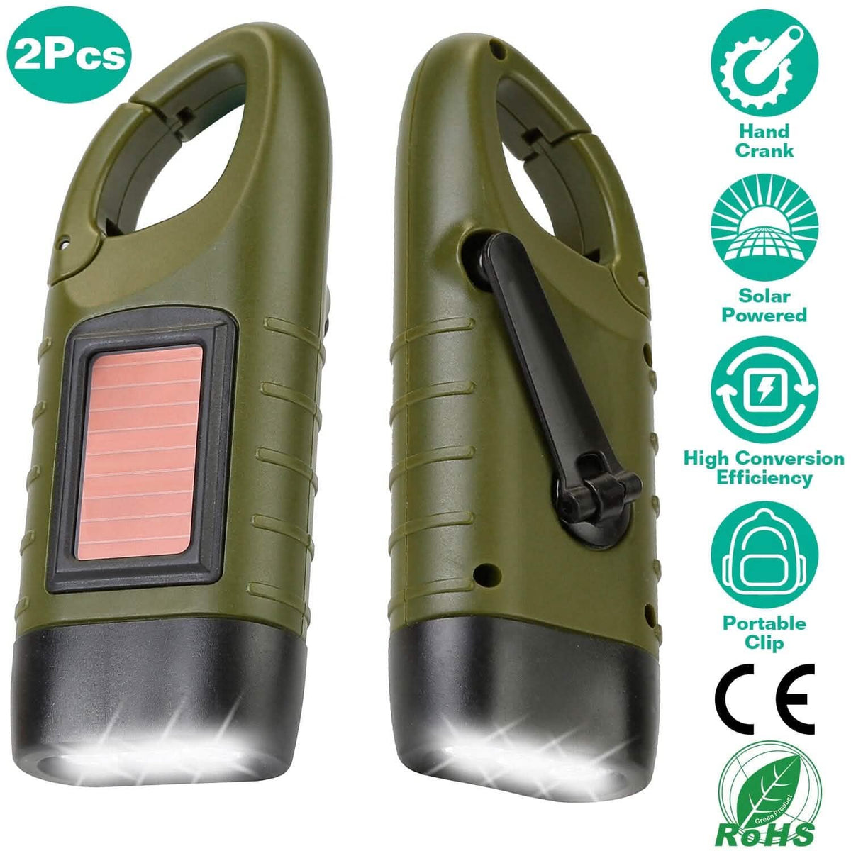 2-Pack: Hand Crank Solar Powered Flashlight - A-1 Thread Vault