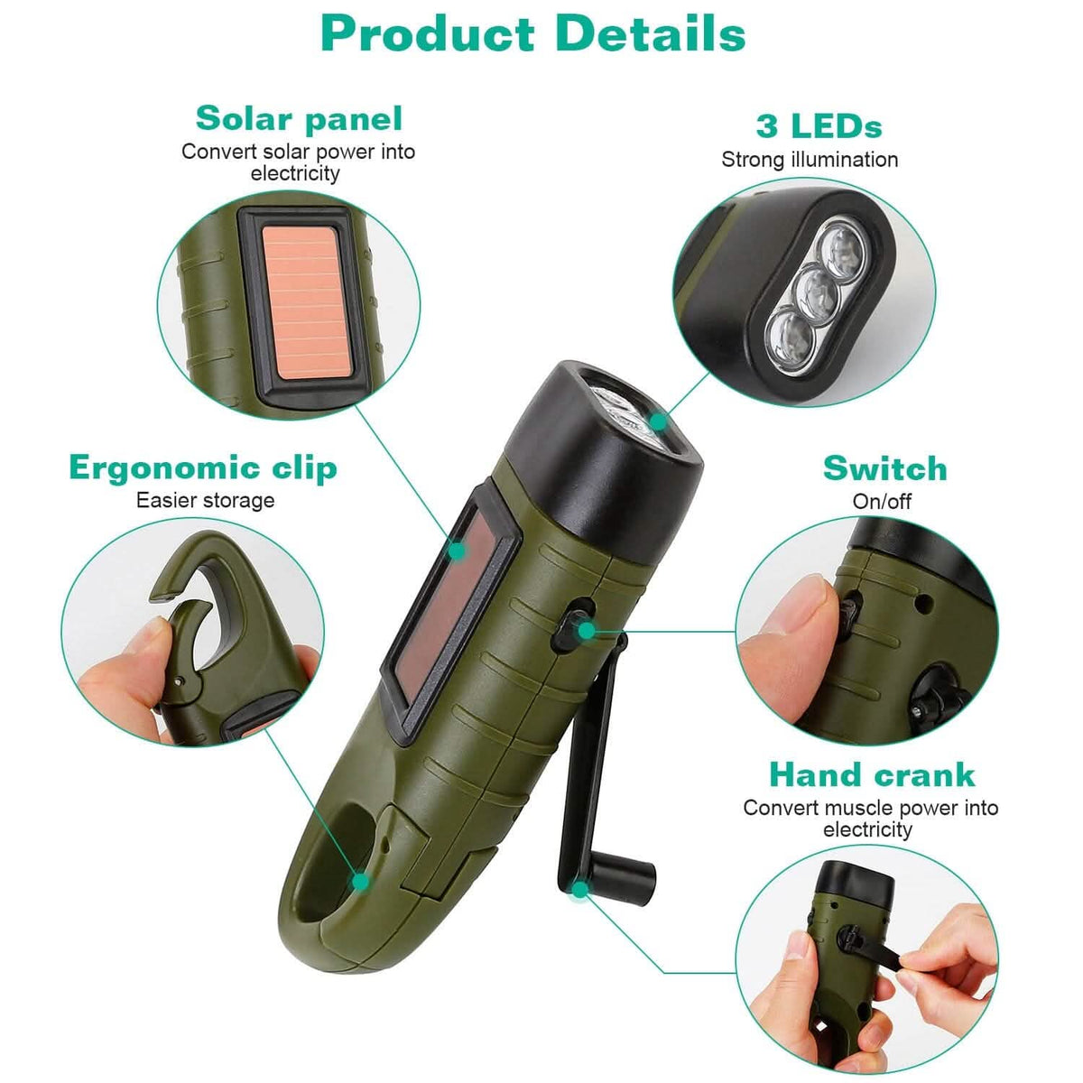 2-Pack: Hand Crank Solar Powered Flashlight - A-1 Thread Vault