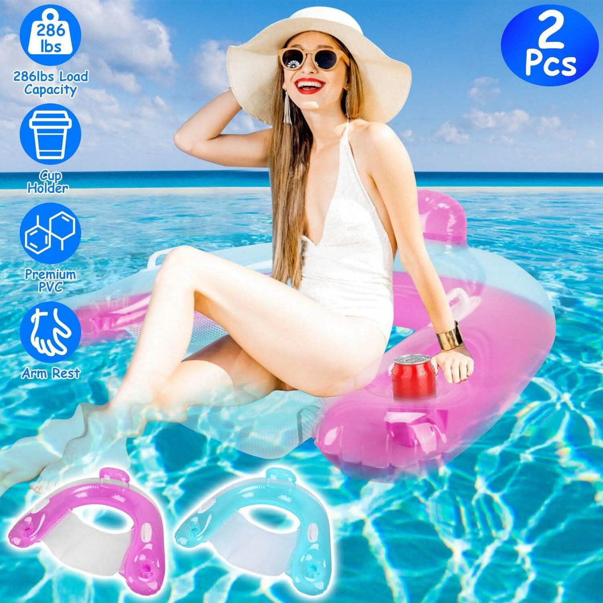 2-Pack: Inflatable Float Pool Chair with Cup Holder Arm Rest - A-1 Thread Vault