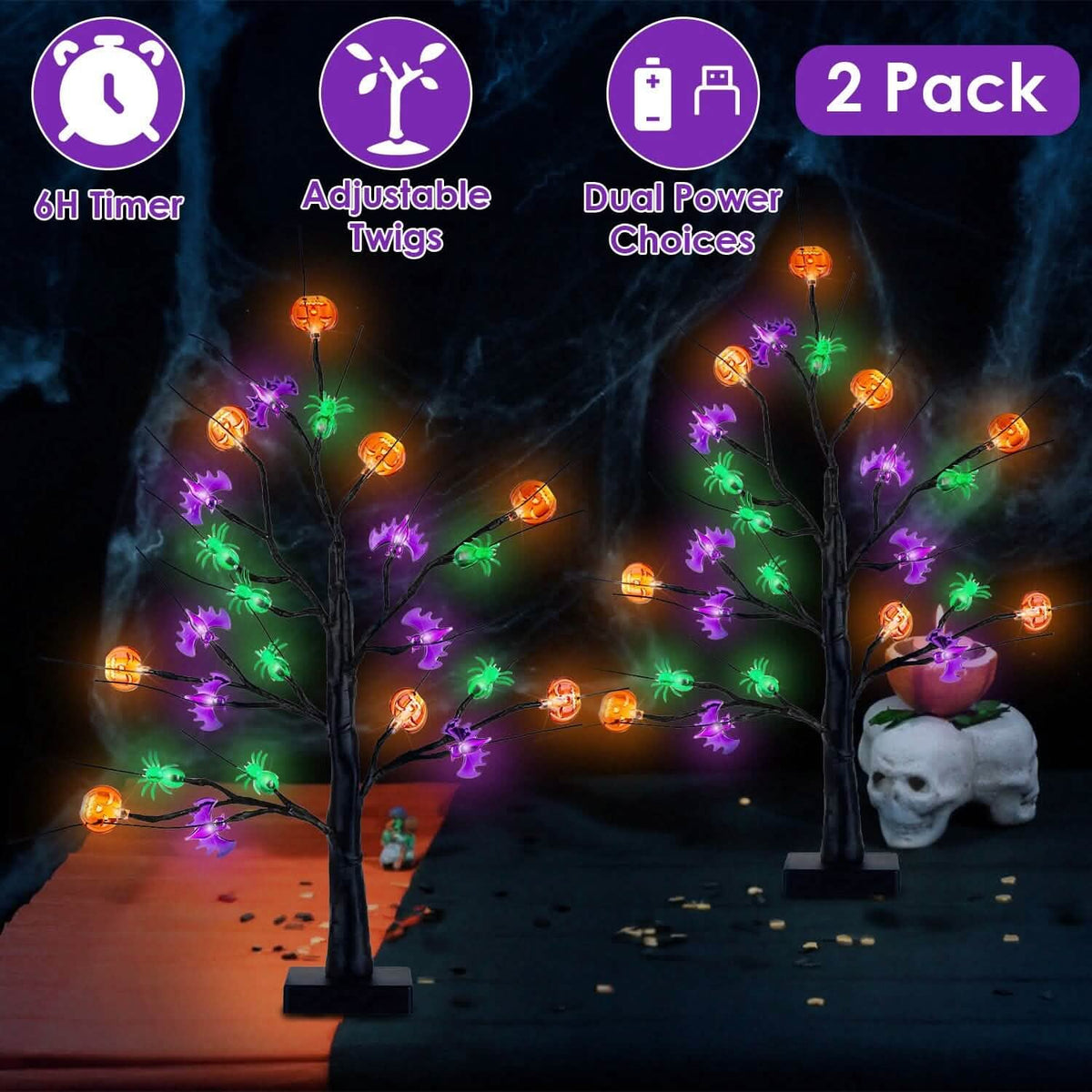 2-Pack: Lighted Halloween Trees with Timer and Adjustable Twigs - A-1 Thread Vault
