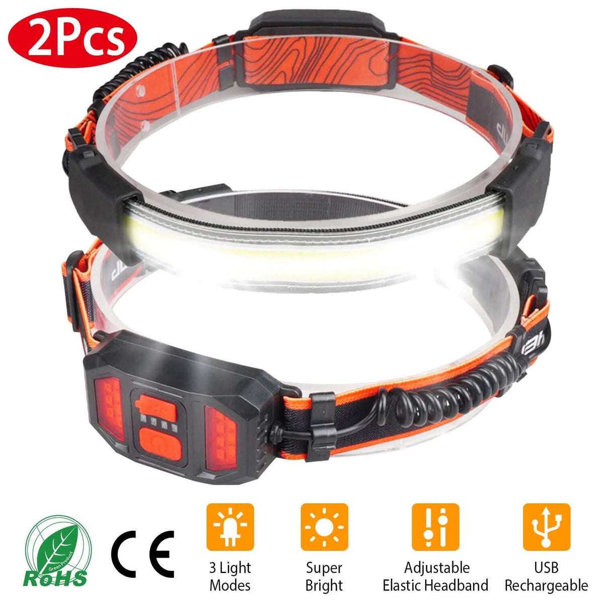 2-Pack: Rechargeable Headlamp 3 Light Modes Hand-Free - A-1 Thread Vault