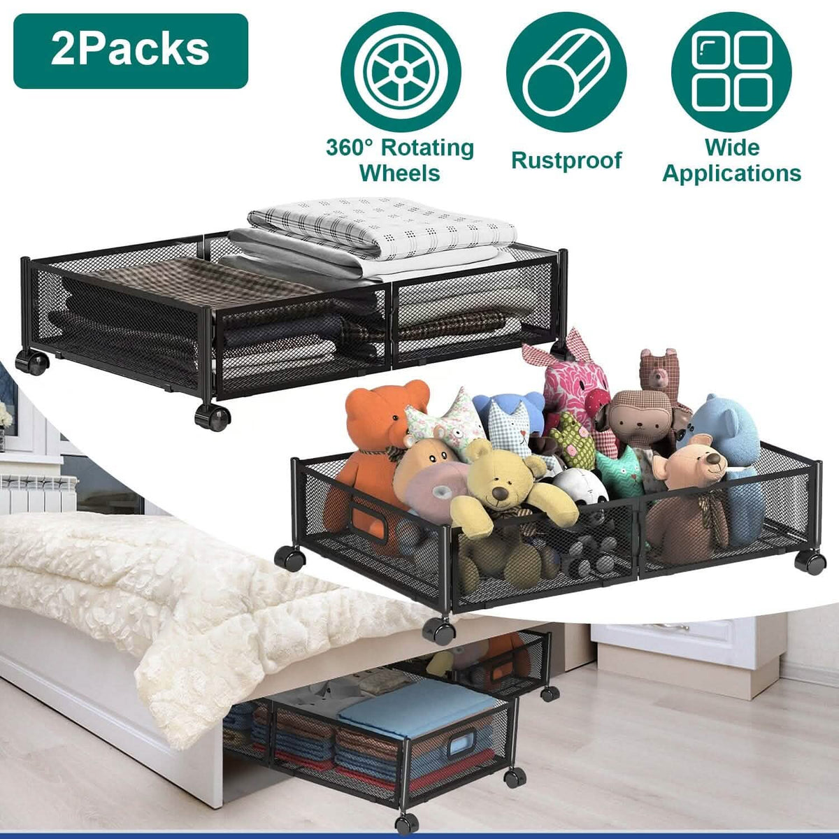 2-Pack: Under Bed Storage Container Foldable Rolling Storage Bin - A-1 Thread Vault
