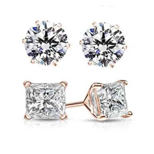 2 Pairs: Round and Princess Cut Rose Gold Stud Earrings - A-1 Thread Vault