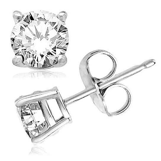 2-Pairs: White Gold High Polish Finish Stud Earrings Cubic Zirconia Round and Princess Cut - A-1 Thread Vault