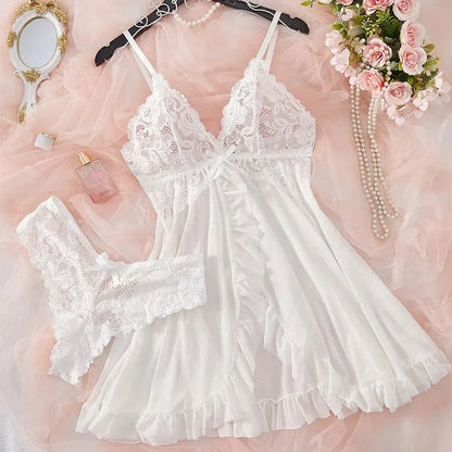 2 Pcs Set Lace Nightgown Women Exquisite Homewear New Green Nighttime Pajamas Transparent Split Nightdress V-Neck Bra Panty Sets - A-1 Thread Vault