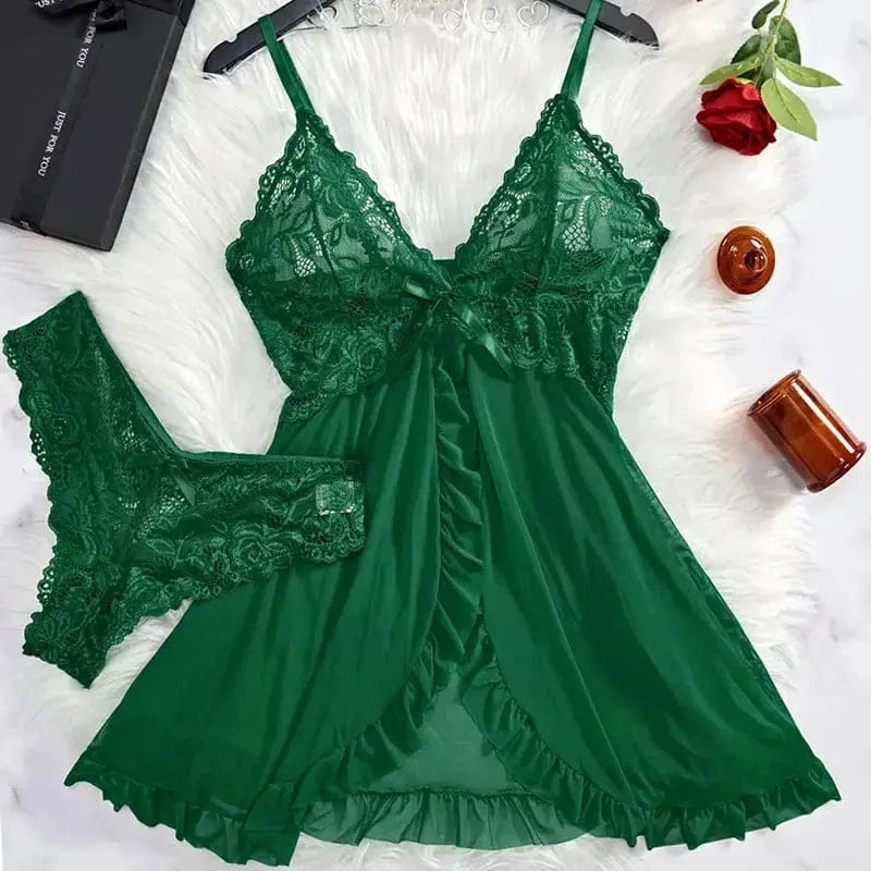 2 Pcs Set Lace Nightgown Women Exquisite Homewear New Green Nighttime Pajamas Transparent Split Nightdress V-Neck Bra Panty Sets - A-1 Thread Vault