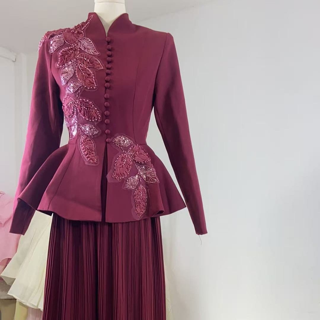 2-Piece Embroidered Peplum Jacket & Micro Pleat Maxi Skirt Set(MS417) - A-1 Thread Vault