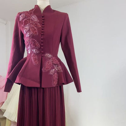 2-Piece Embroidered Peplum Jacket & Micro Pleat Maxi Skirt Set(MS417) - A-1 Thread Vault