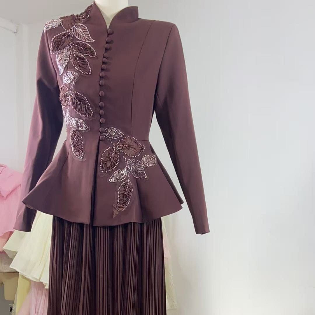 2-Piece Embroidered Peplum Jacket & Micro Pleat Maxi Skirt Set(MS417) - A-1 Thread Vault