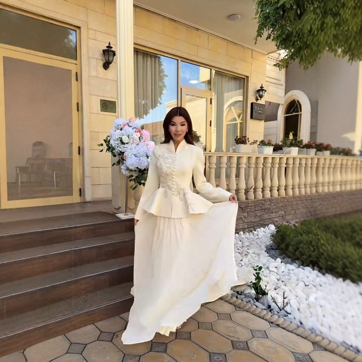 2-Piece Embroidered Peplum Jacket & Micro Pleat Maxi Skirt Set(MS417) - A-1 Thread Vault
