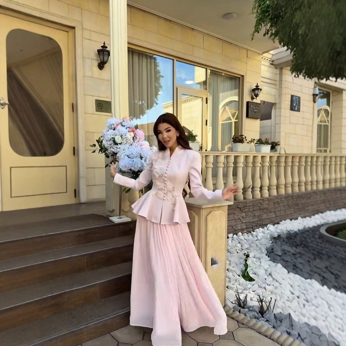 2-Piece Embroidered Peplum Jacket & Micro Pleat Maxi Skirt Set(MS417) - A-1 Thread Vault